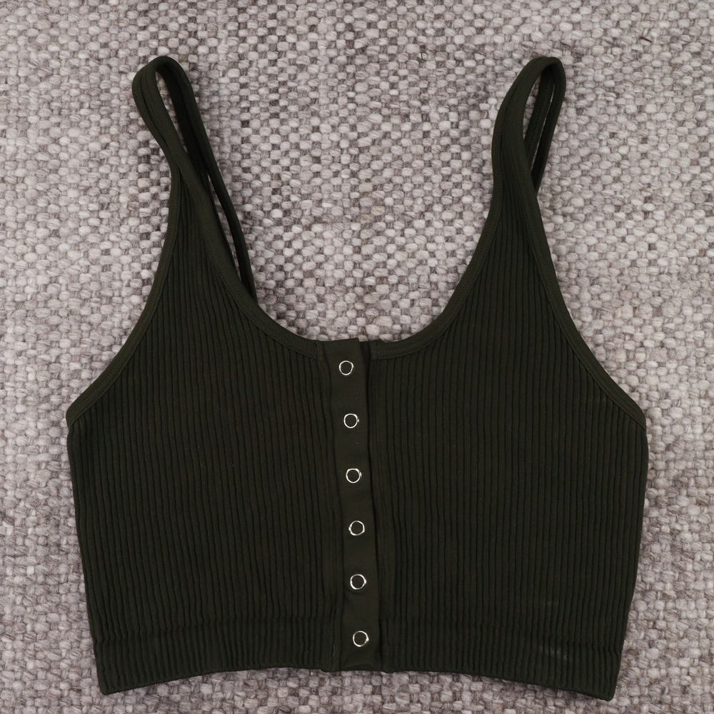 Aerie Ribbed Henley Tank Top Womens Small Olive Green Good Snap Front Crop